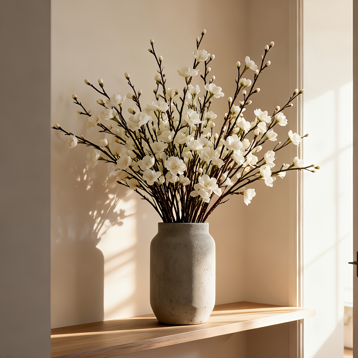 50pcs 5pcs artificial white long stem plum   realistic plastic white jade flowers outdoor indoor decor suitable for home office wedding and party decoration   table restaurant and courtyard seasonal events floral decor