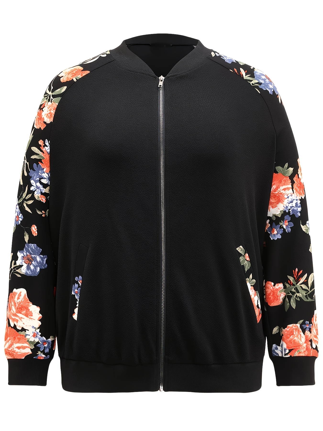 Women'S Plus Size Floral Print Zip-Up Jacket Casual Long Sleeve with  Pockets, Vibrant Red Multicolor Lightweight Polyester for Spring/Fall,  Fall