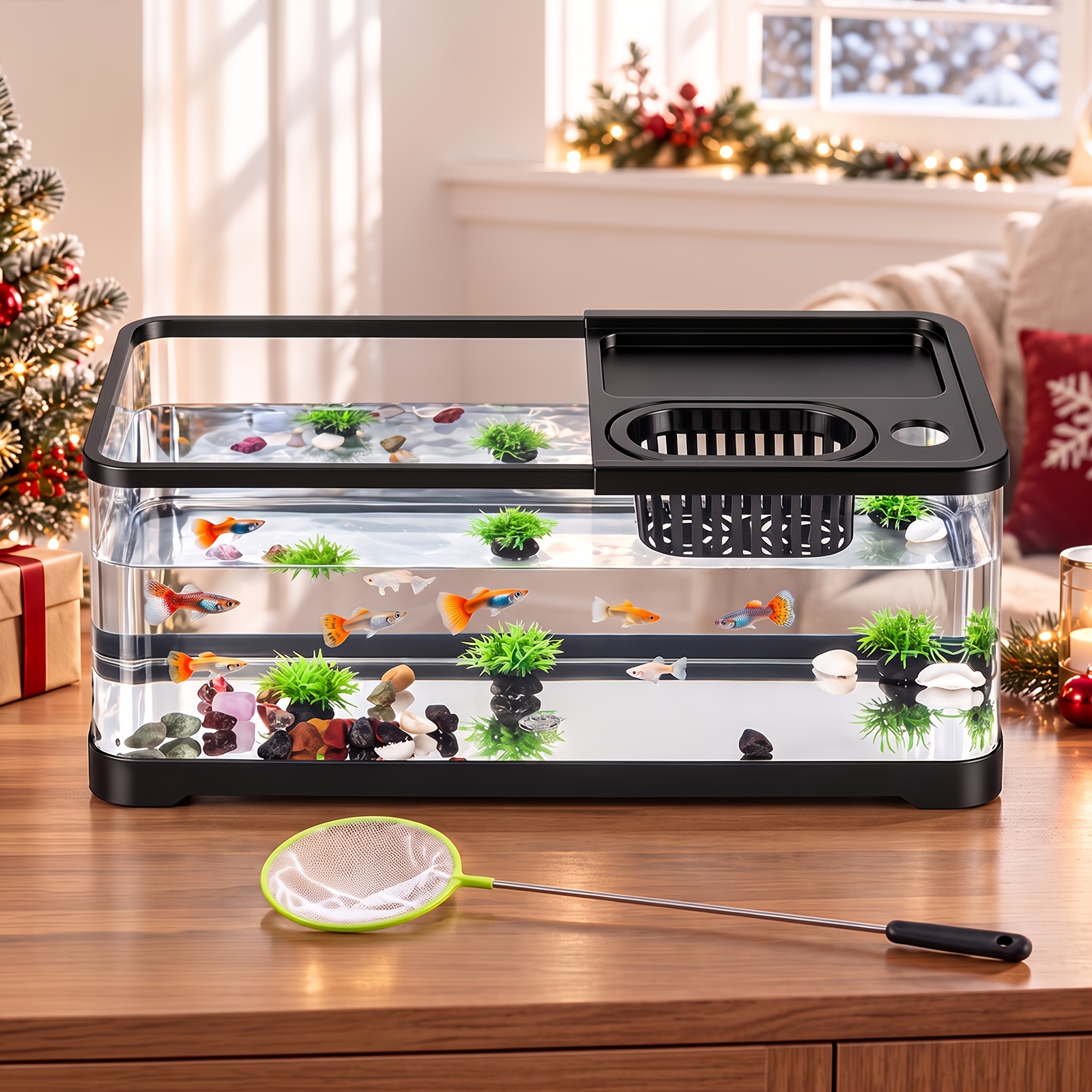 Image of High Aquarium Tank, Integrated Tank With Lid & Top Storage, Panoramic Side View, With 4 Additions, As Material Fish Tank For Desktop, Living Room & Office
