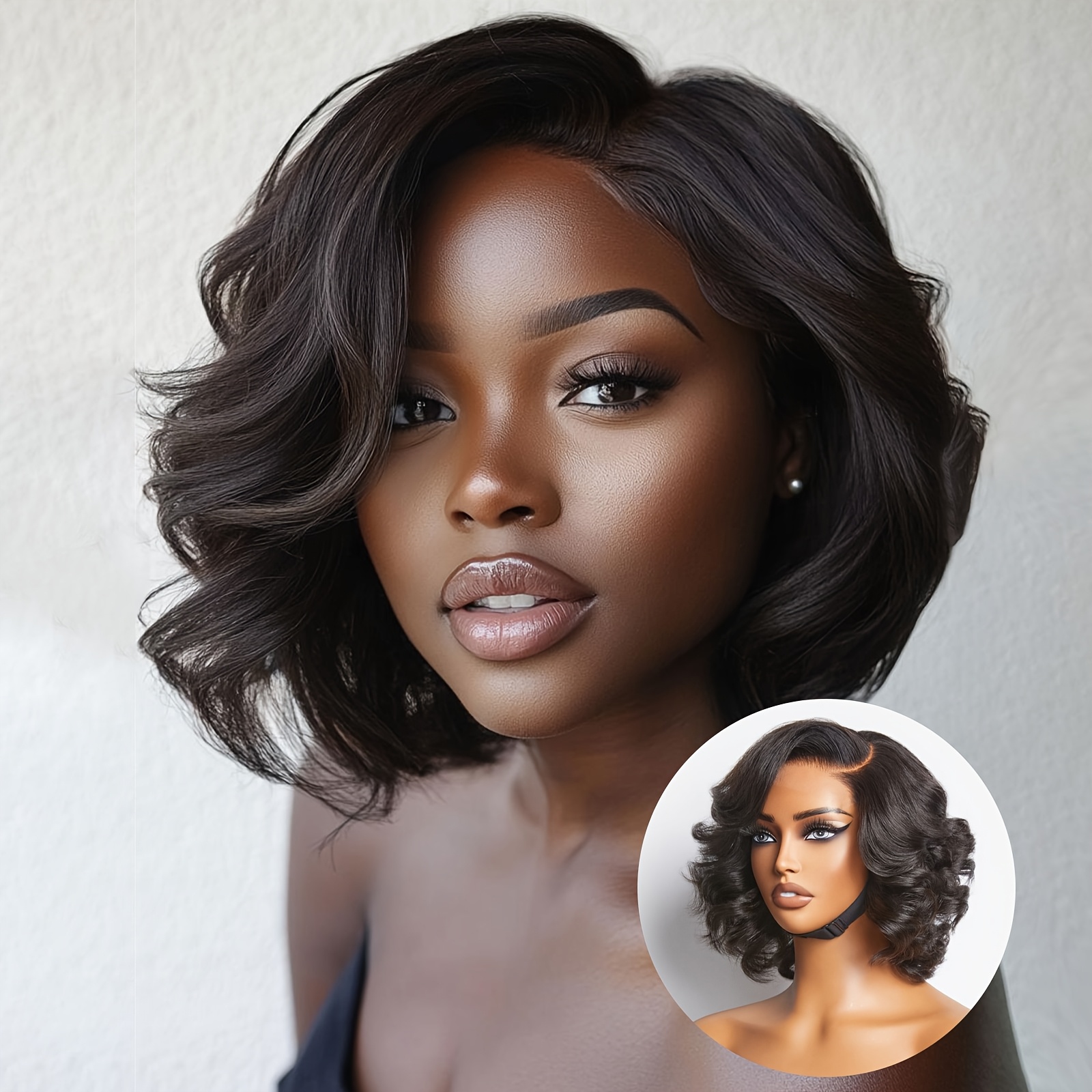 TEMU Natural Black Curly Human Hair Wig Large 13x4 Transparent Lace Frontal Curly Bob Wig Human Hair Wig 10 Inch Curly Human Hair Lace Front Wig
