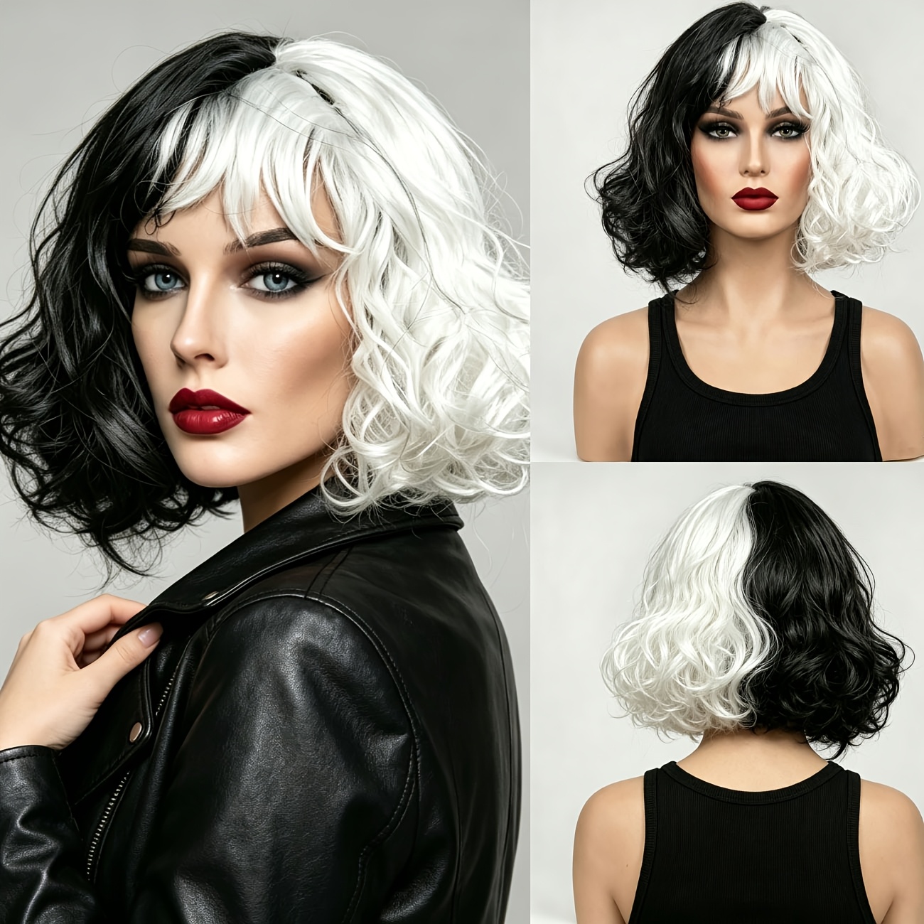 TEMU Peluca corta negra blanca para mujer con flequillo - Cabello de disfraz de fibra sintética resistente al , adecuada para cosplay, Halloween,