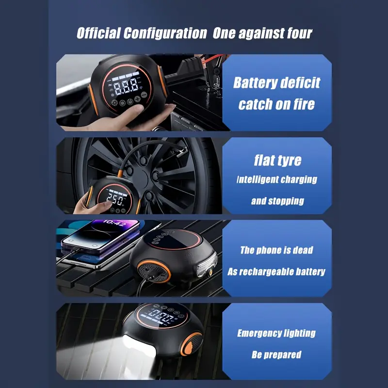 8000a 1800mah portable jump starter with 45l min air compressor 4000 led flashlight usb power bank emergency tire inflator for cars trucks portable jump starter and air compressor Product details 5