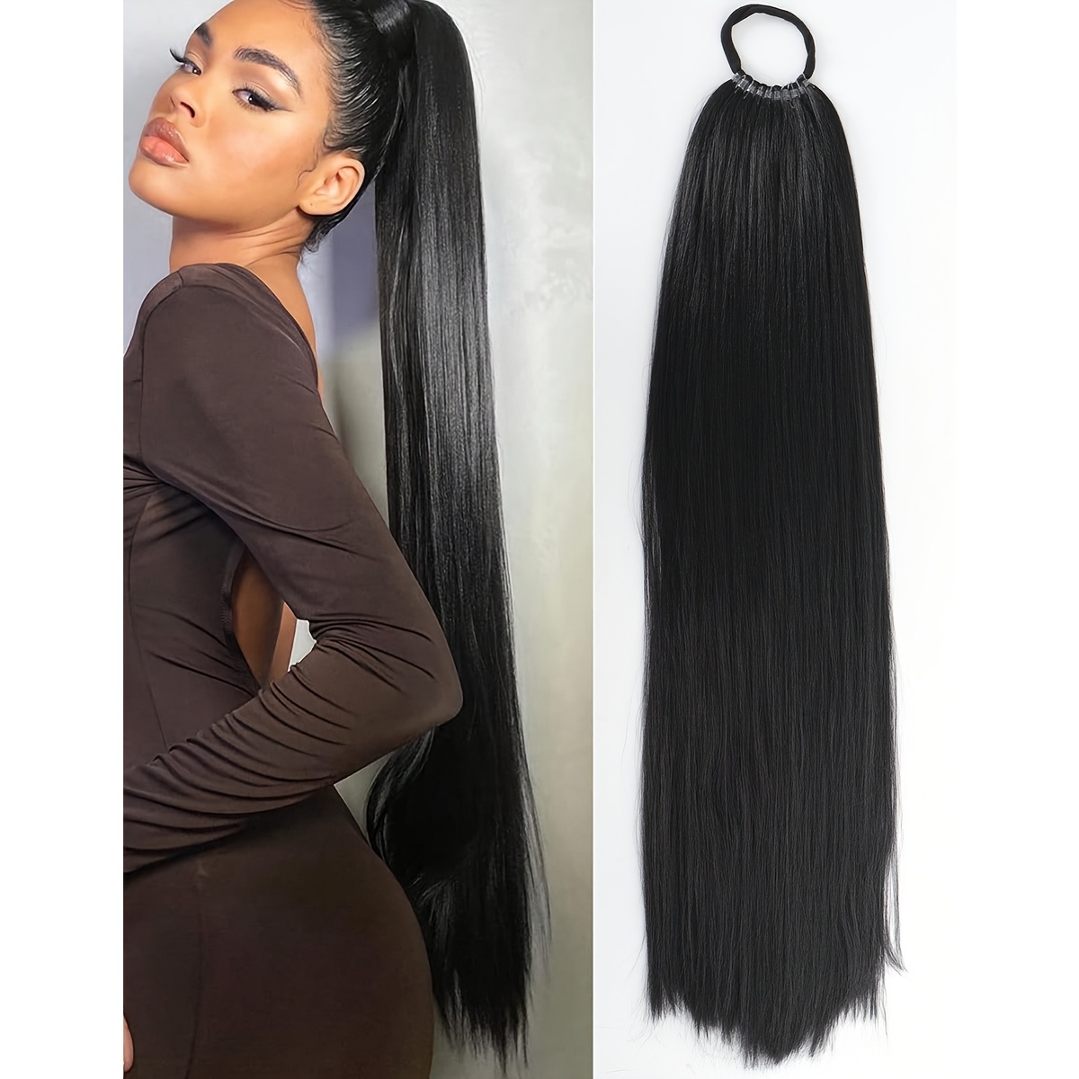 TEMU Extensiones de pelo para de caballo de 34 pulgadas, banda elástica versátil, extensiones de pelo para de caballo negras resistentes al para
