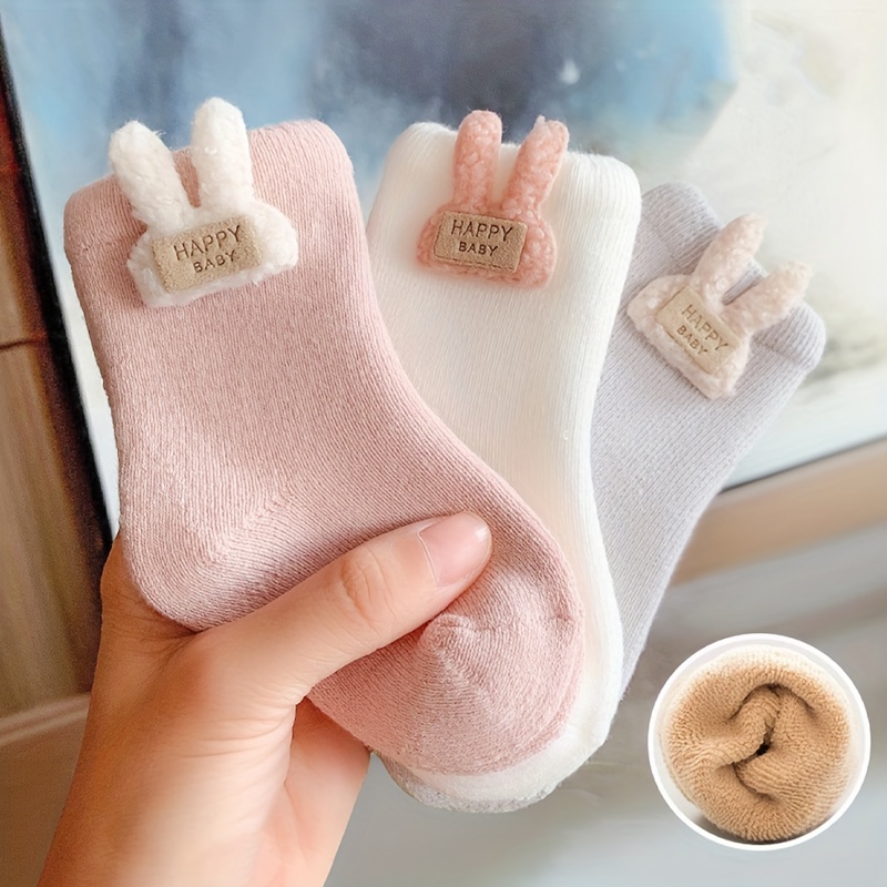 Image of 3-pair Baby Girls' Plush Bunny Terrycloth Socks, Winter Cold-proof Warm Soft Comfortable Skin-, Cute Cartoon Fashionable Comfortable Versatile Baby Mid-calf Socks