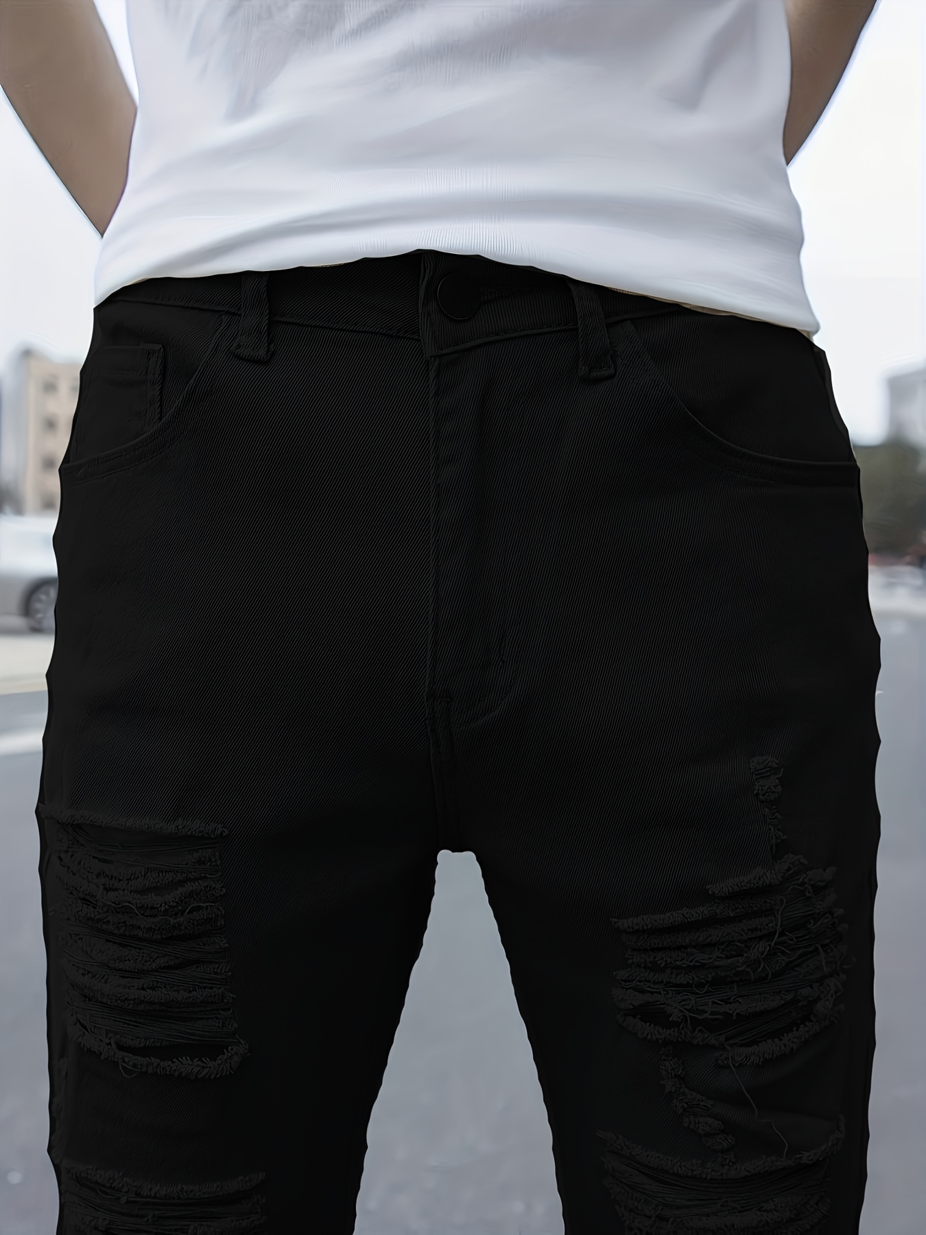 Plus Size Men's Ripped Solid Denim Trousers With Pockets, Causal Cotton Blend Slim-fit Jeans For Outdoor Activities