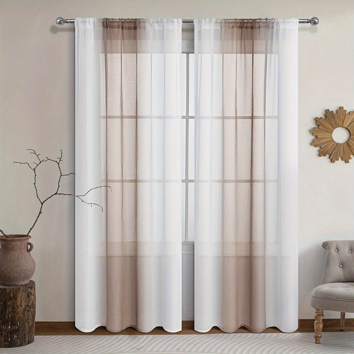 Image of 2pcs Quadri-color Gradient Semi-sheer Rod Pocket Window Curtains, Suitable For Living Room And Bedroom Curtain And Decoration