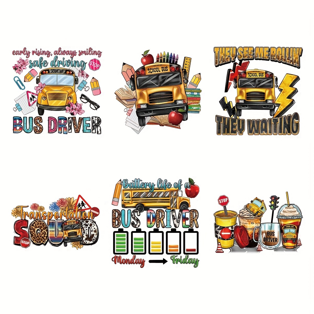 

6pcs Bus Driver Heat Transfer Sticker, Diy Iron-on Decals For Clothes, T-shirt Making, Pillow Decorating, Clothing Supplies & Appliques