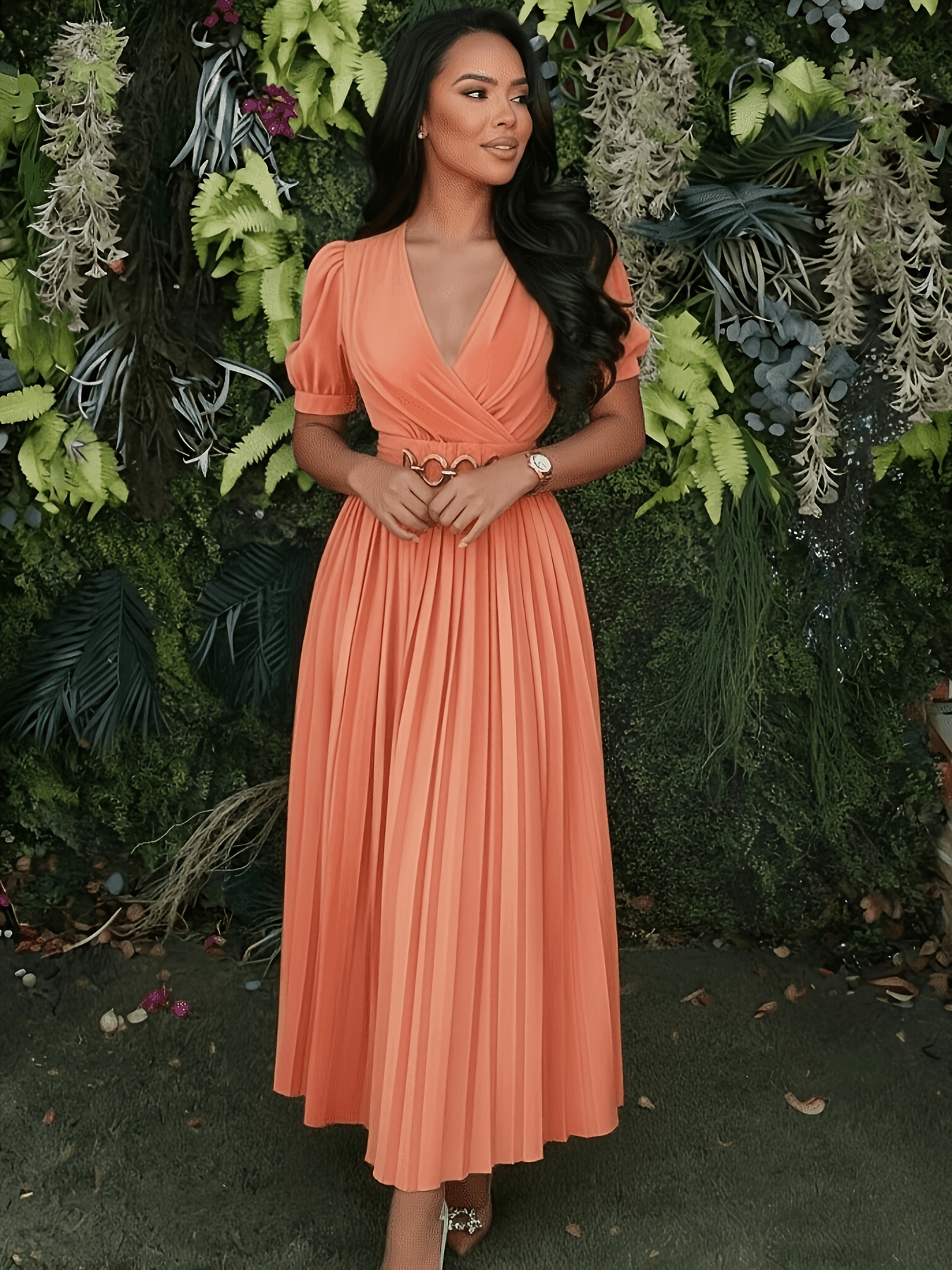 peach dresses for ladies Development, Women'* Luxury V-Neck Metal Trim Pleated Design Long Elegant Fashionable Versatile Dress remove-inventory-stock