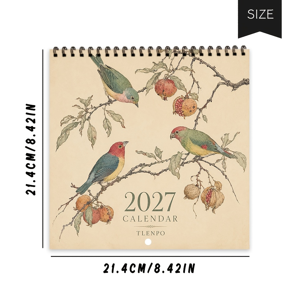 TEMU 1pc, 2027 Wall Calendar, Traditional Chinese Gongbi Flower Bird Wall Calendar, Chinese Style Wall Hanging Monthly Calendar. Wall Decor Planner