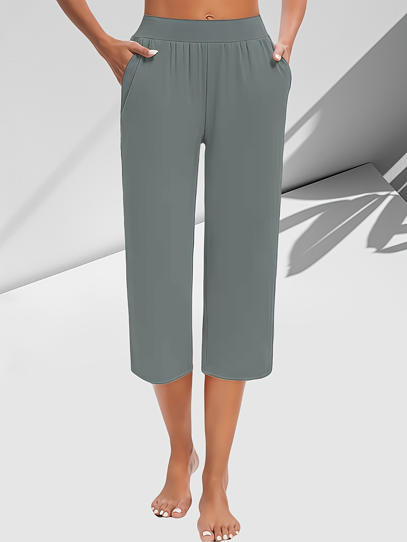 womens lightweight elastic drawstring   calf pants casual solid color with pockets stretchy polyester blend machine washable for spring summer fall seasonal casualwear functional pockets