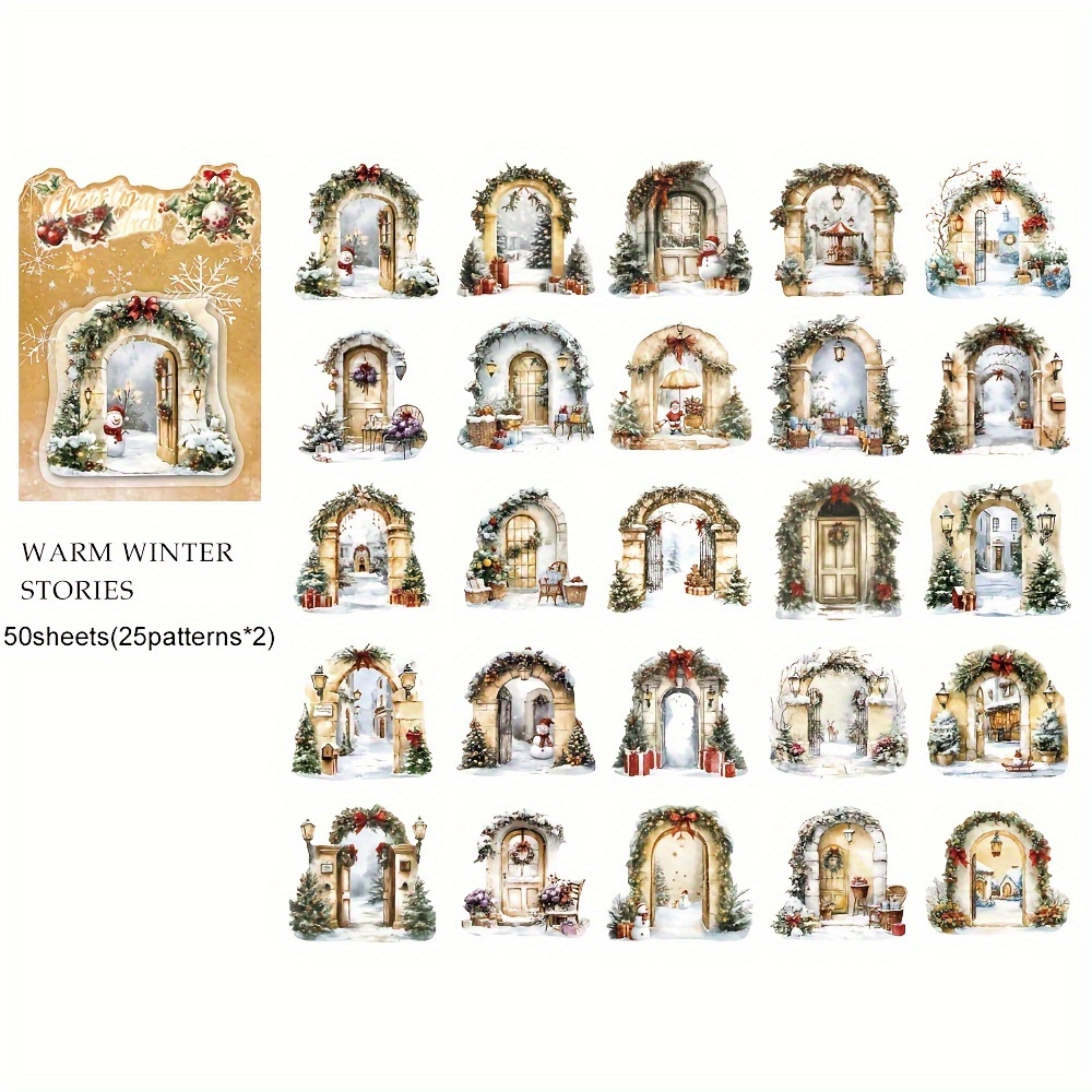 Image of 50 Sheets Vintage Arch Christmas Scrapbooking Sticker Pack Large Size Christmas Bells Material Aesthetic Stickers For Laptops Cups Christmas Decor Party Planner Gift