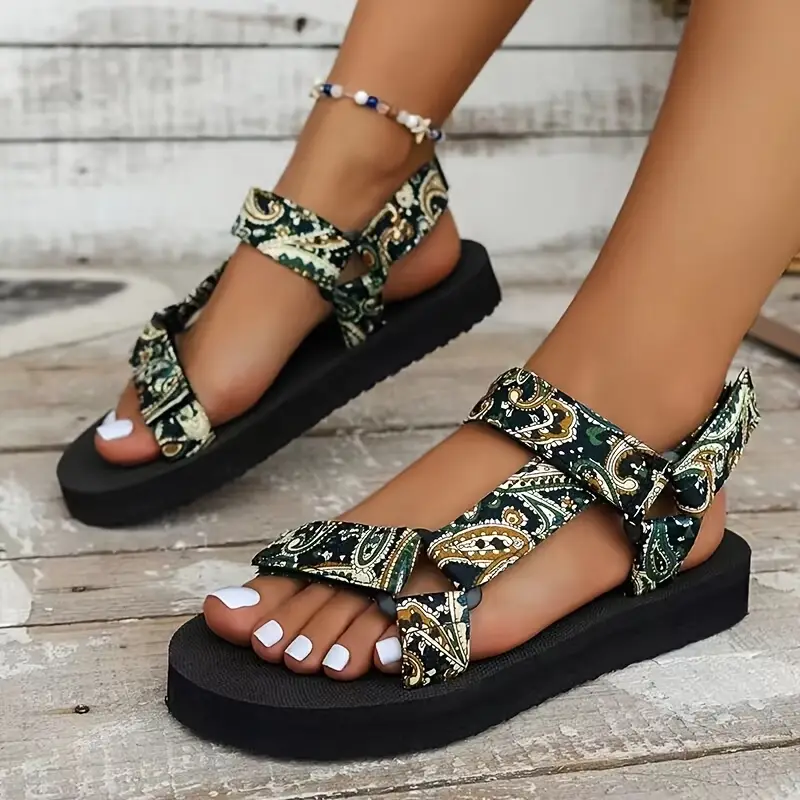 womens bohemian style lightweight flat sandals with adjustable straps breathable linen fabric non slip rubber sole floral print summer casual travel essentials thin strap design comfy round toe shoes vacation shoes Product details 3
