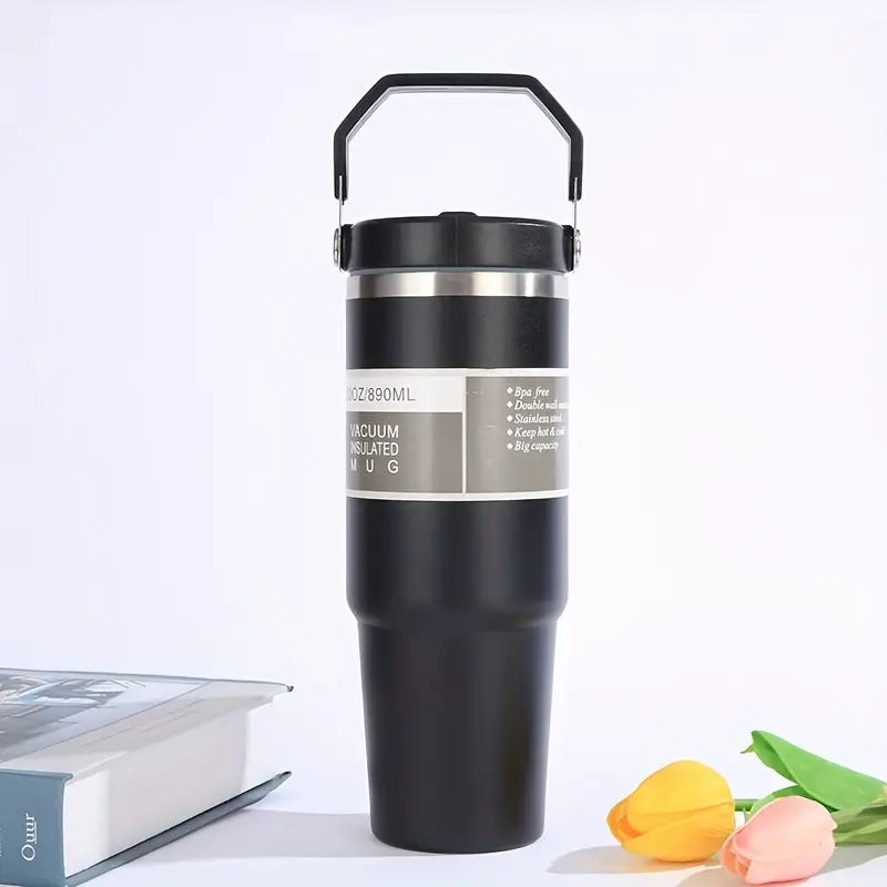 1pc 890ml 30oz double layer stainless steel vacuum water bottle with handle portable insulated mug for home outdoor camping and travel drinks hot or cold for hours details 9