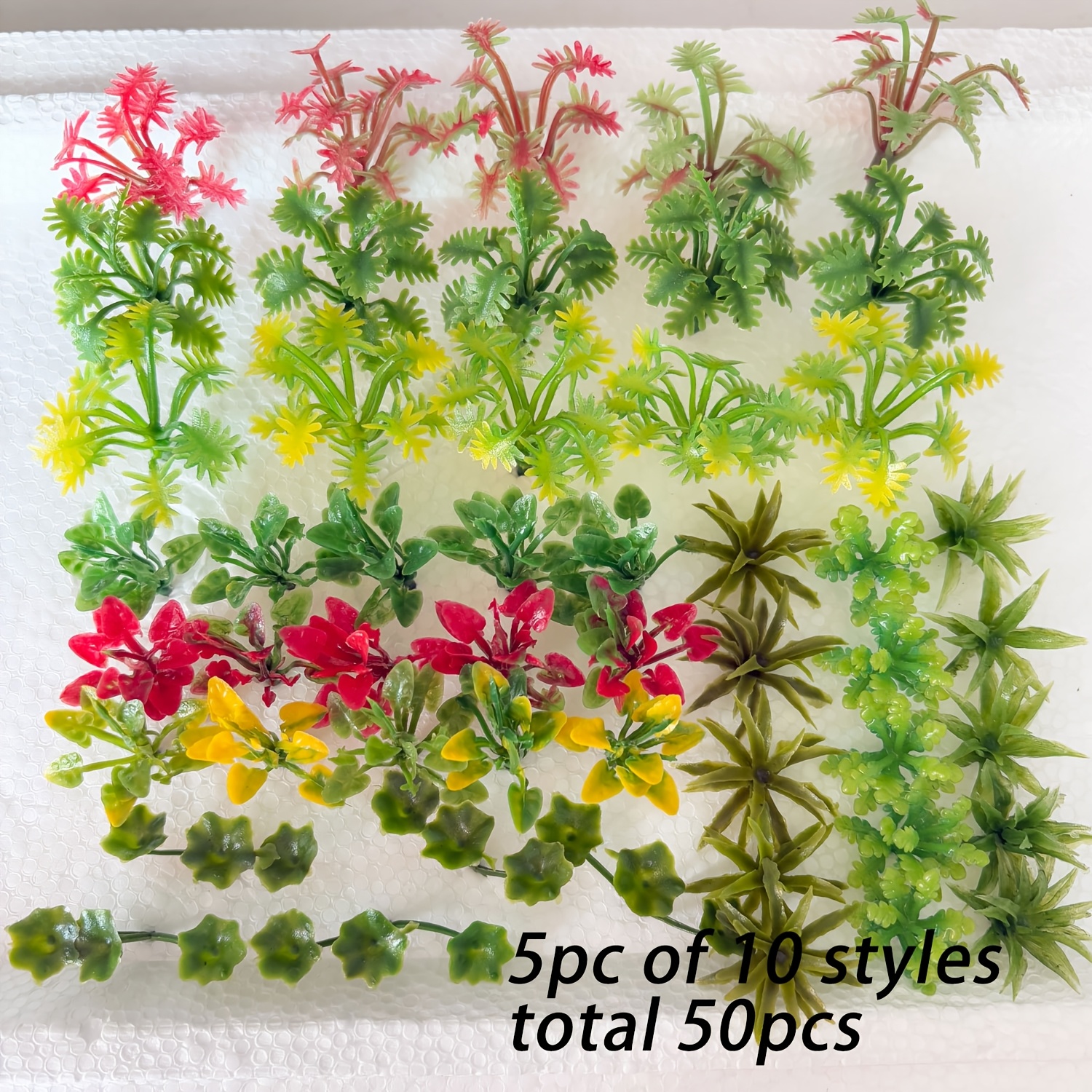 Image of 50 Assorted Colored Model Plants, Tiny Artificial Plants For Rainforest , Miniature Plastic Jungle Trees For Garden Scenery, Railway Sand, And Architectural Models.