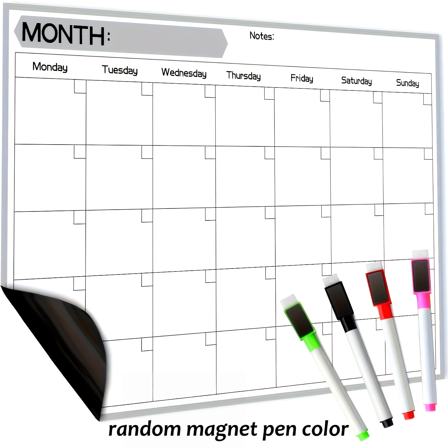 TEMU 5pcs Monthly Planner Set (1pc A3 Size Magnetic Whiteboard Planner And 4pcs Random Colored Magnetic Markers) - Easy To Clean, Reusable - Suitable