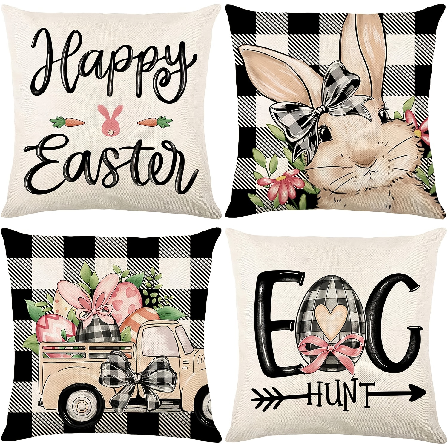 

4pcs Easter Bunny & Egg Throw Pillow Covers, 18x18 Inch, With Zipper Closure, Machine Washable - Contemporary Style For Sofa & Bedroom Decor, Pillows For Couch