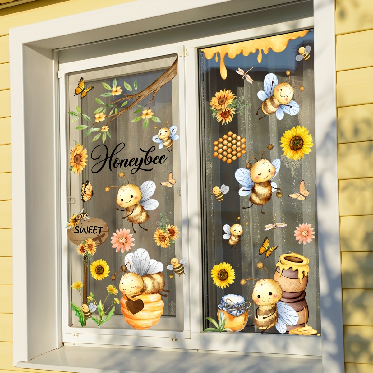 

Set, Spring Decoration Bee Festival, Little Bee Honey Jar Butterfly Sunflower Static Cling Window Decoration Glass Sticker