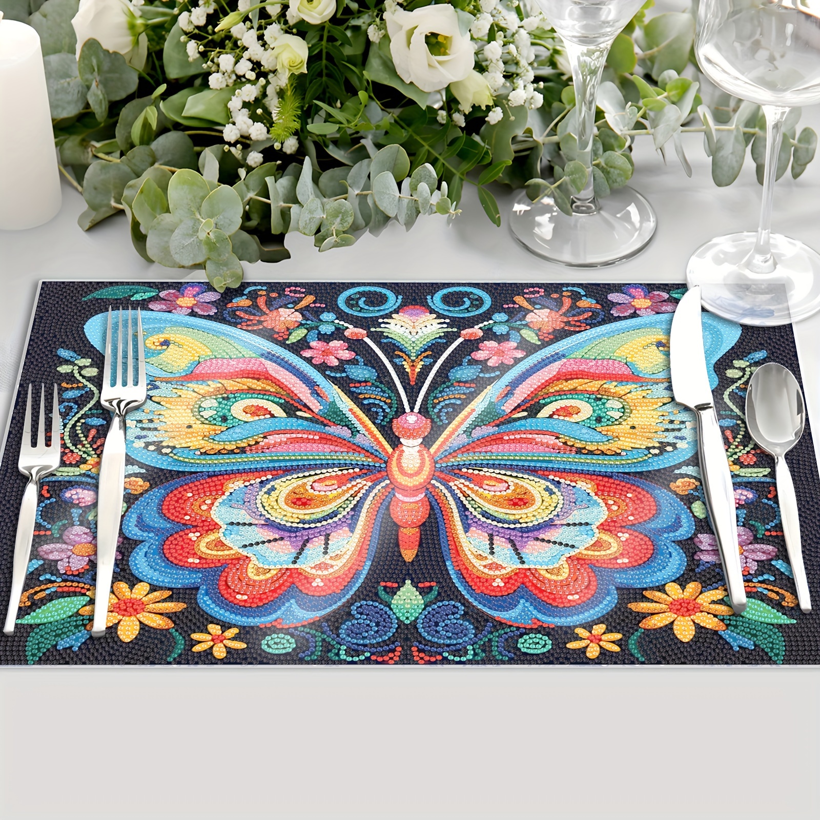 

Kit de sets de table de peinture diamant DIY papillon et fleurs, 1 pièce tapis de table en plastique PET, tapis de salle à manger artisanal fait main pour la décoration de la cuisine à la maison