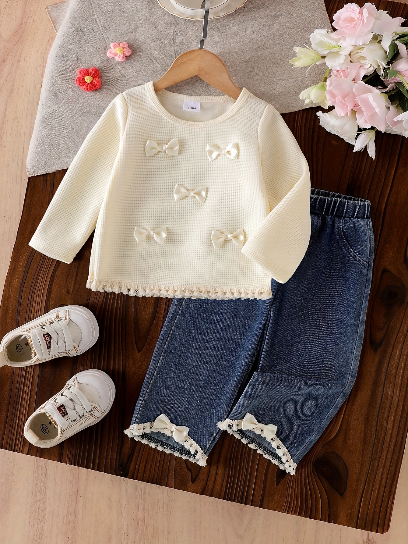girls stylish simple bohemian 2pcs set long sleeve round neck t shirt with 3d bow and fringe trim elastic waist denim pants   outdoor Product details 3
