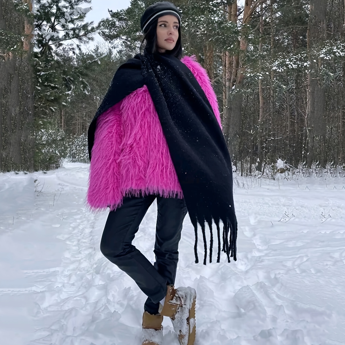 women's soft fur shawl scarf wrap fringe vibrant pink Temu Slovakia