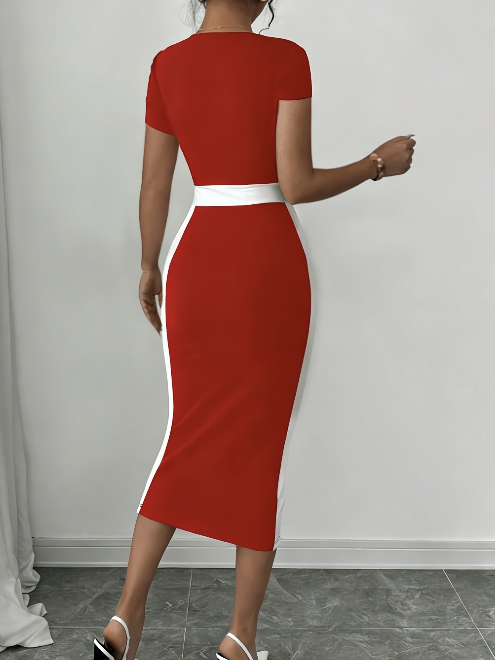 elegant color block square neck short sleeve bodycon midi - Temu Oman