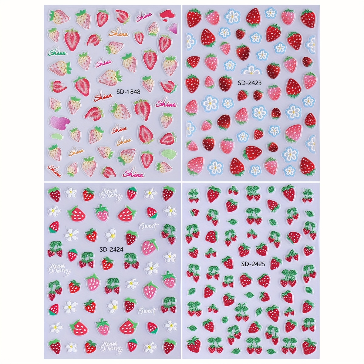 Image of 4pcs Strawberry & Flower Nail Stickers Cute Strawberry Nail Decal Summer Manicure Decoration