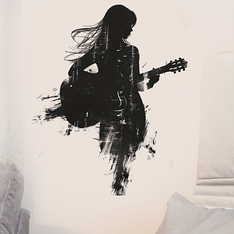 Image of Chic Guitar Girl Silhouette Wall Decal - Removable Pvc Sticker For Living Room, Bedroom, Bar & Home Decor
