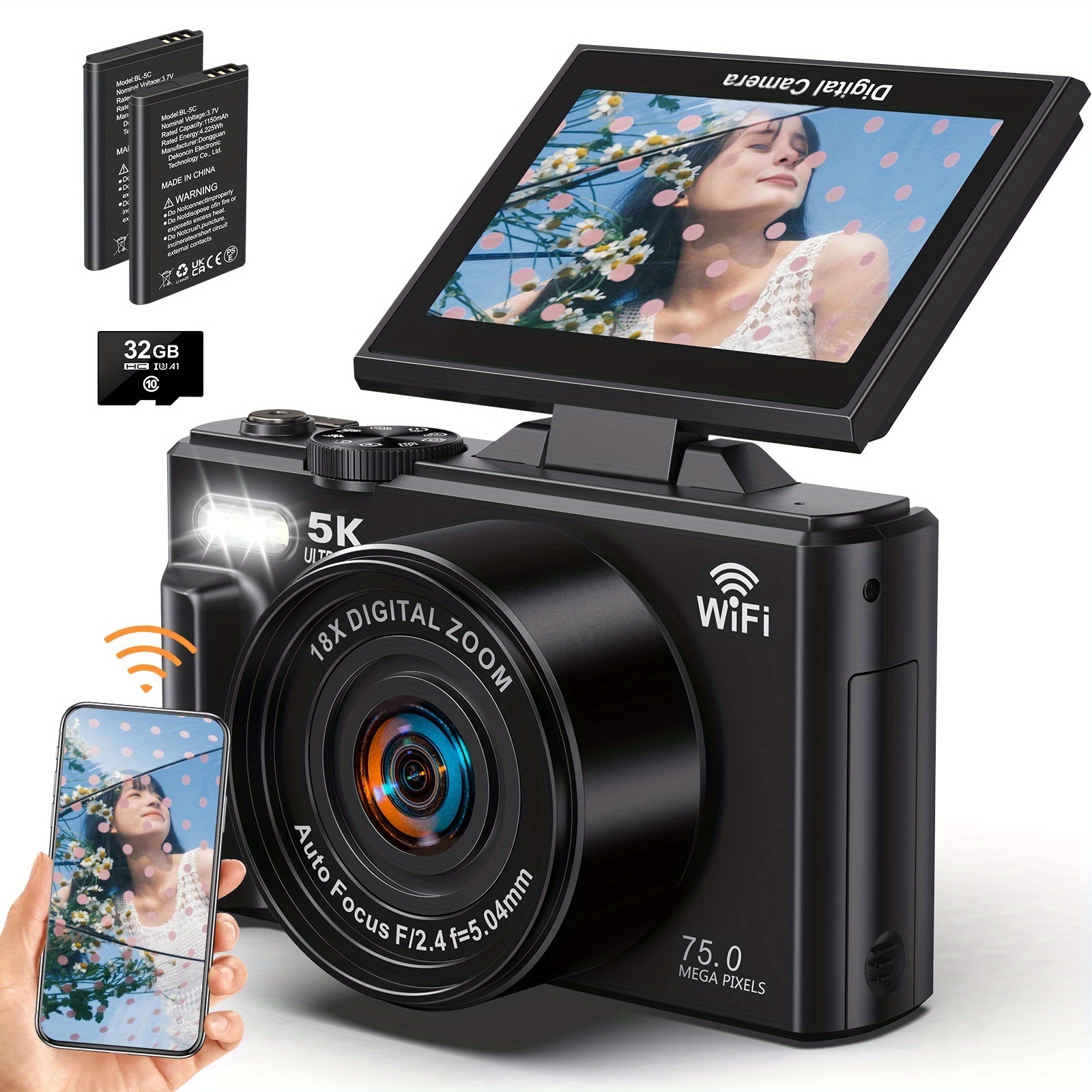 auto focus vlog camera 5k uhd 72 flip screen wifi 18x Temu