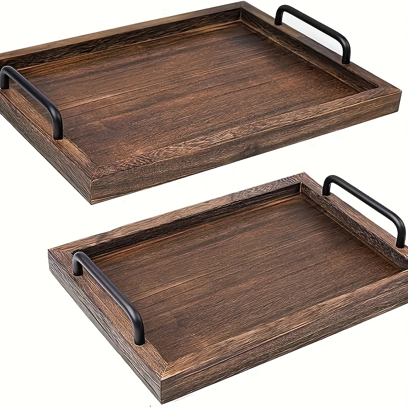 TEMU Rustic Style Wooden Tray With Handle - 2pcs Decorative Nesting Food Board Set, For Breakfast, Coffee Table/butler (large 15.8 X 11.8 Inches,