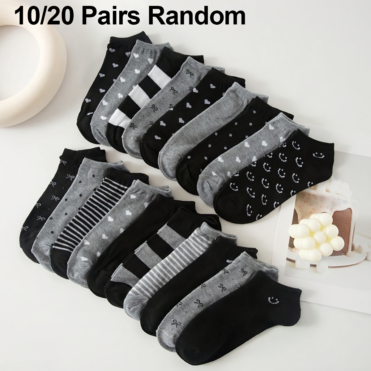 

10/20 Pairs Women's Ankle Socks, Black And Grey, Assorted Geometric Patterns, Comfortable Knit Fabric, Polyester 95%, Spandex 5%, 300g/m², Random Style Shipping