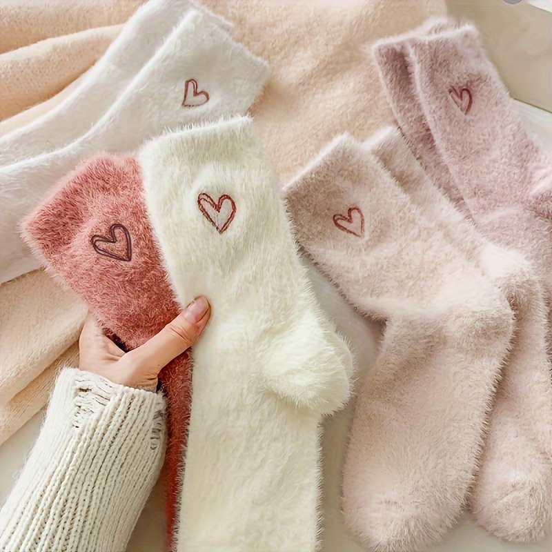 

2pcs Embroidered Socks, Cozy Fluffy Mid-calf Socks, Polyester, Autumn/ , Hand Wash Or , Knit Fabric, Ladies Ankle Socks