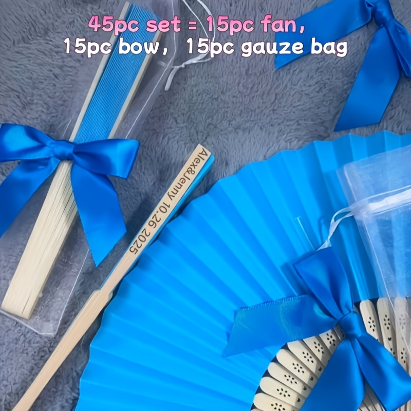 TEMU Ensemble bleu de 45 pièces (comprenant 15 éventails + 15 nœuds + 15 sacs de gaze) Ensemble de ventouses en papier bleu personnalisé avec , style
