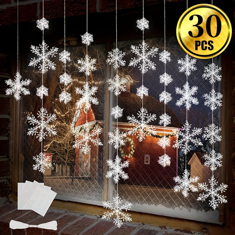 

30pcs White Christmas Snowflake Decorations With 8m String & Dual-sided Tape - Holiday Party Home Decor