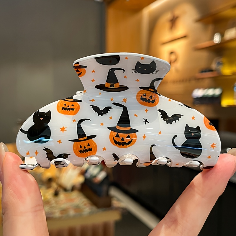 TEMU 2025 Halloween New Large Acrylic Hair Clip - Hip Hop Style With Hat Bat Cat Pattern - Suitable For Halloween Hair Accessories For And Adults, 14