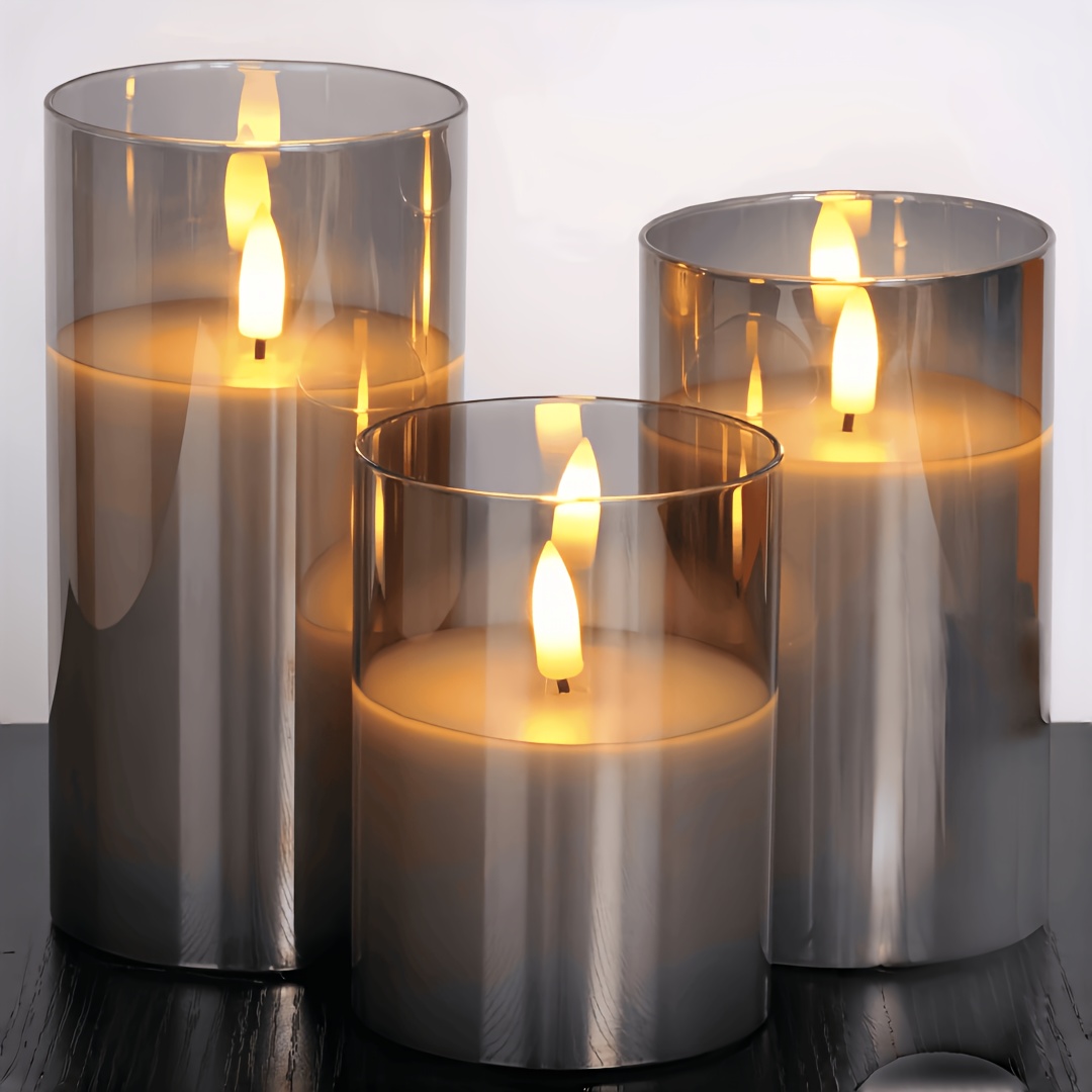 E-shop Valentinstag! 3er-Set Flammenlose Kerzenlicht, Premium Graue Elektronische Kerzen, Batteriebetrieben (Batterien nicht enthalten), Geburtstags- &