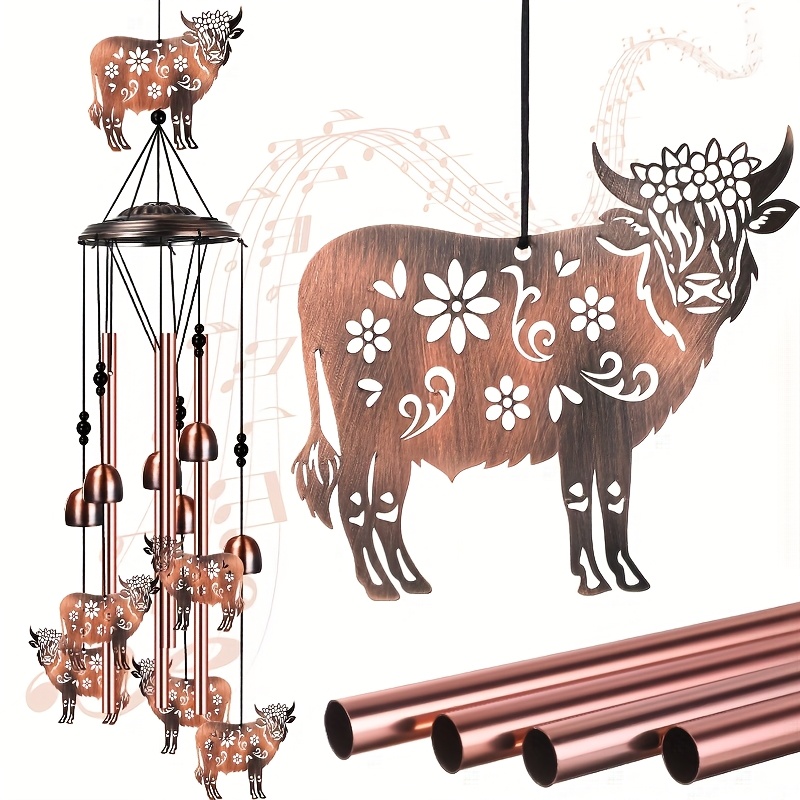 TEMU 1 Set Cow Wind Chimes For Outside For Women Men Metal Wind Chimes Memorial Birthday Gifts For Christmas Highland Decorations Outdoors Patio
