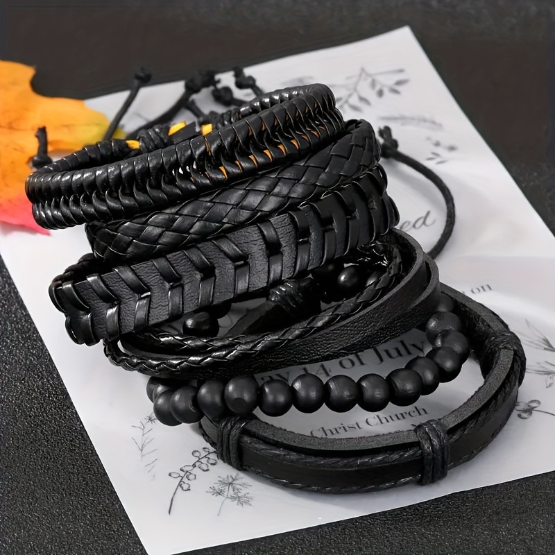 E-shop 6er-Set Vintage mehrschichtige gewebte Armbandstapel-Armreifen aus Kunstleder für Herren, schwarzes Sport-Armband