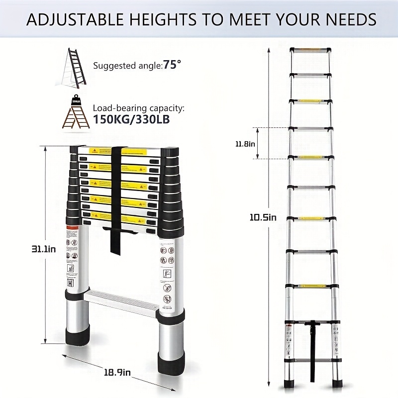 zdjęcie przedmiotu 3,2 m / 3,8 m Teleskopowa Drabina ze Stali Nierdzewnej – Wielofunkcyjna Drabina Rozkładana do Stropów i Dachów, Antypoślizgowe Stopnie, Nośność 150 kg / 330 Lbs, Lekka i Przenośna, Drabina Domowa, Narzędzie do Dostępu na Strop
