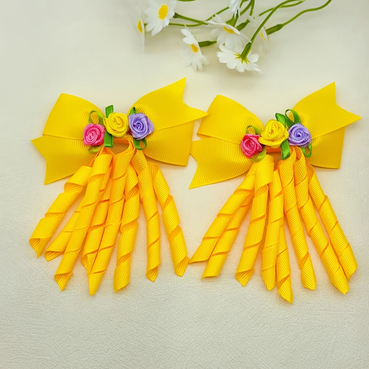 TEMU 2pcs Set Of Three-dimensional Color-block Small Flower Curly Bow Hair Clips, Design Curly Hair Clips, Accessories
