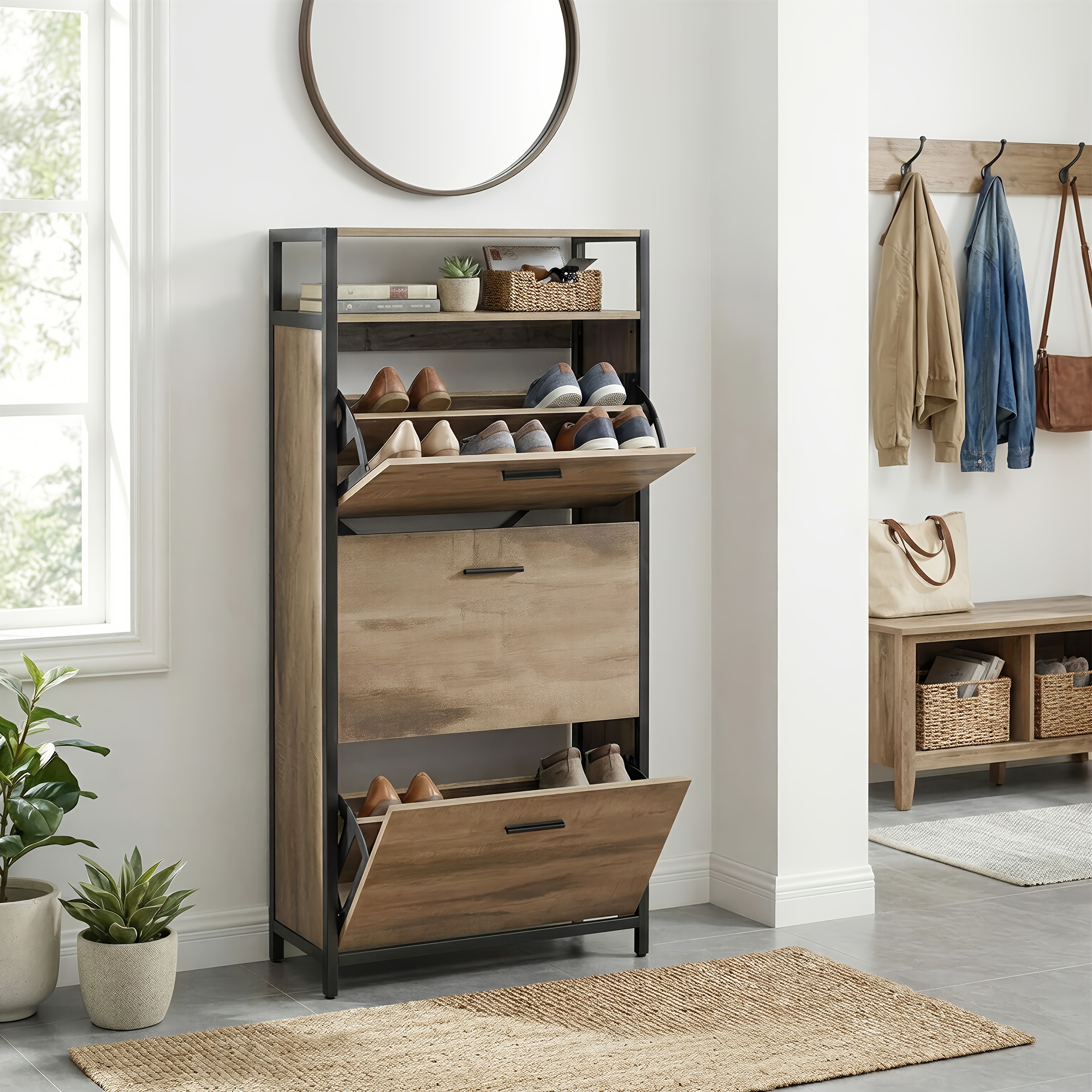 Image of Narrow Shoe Cabinet In Camel Brown And Ink Black For With Flap Doors. Space For 12 To 18 Pairs Of Shoes. Dimensions: 60cm Width, 30cm Depth, 130cm Height Space .
