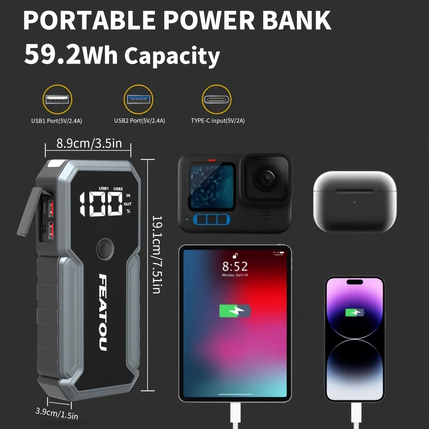   portable car starter 5000a   battery jump starter car battery jump box car battery charger 12v portable car starter suitable for 8 5l gasoline and 7 0l   cars with usb   bank function and led flashlight Product details 8