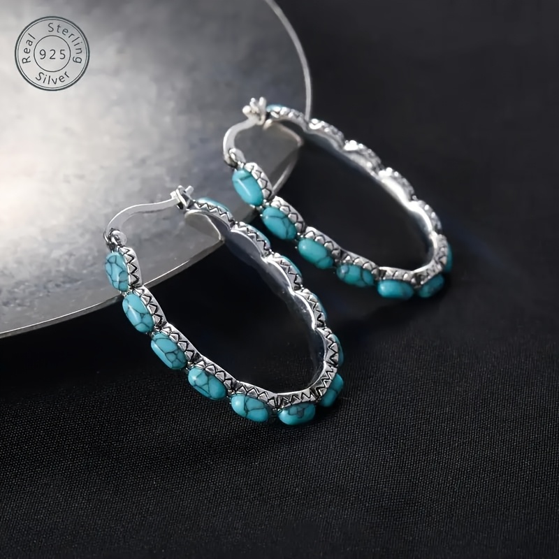 925 Silver Ethnic Style Turquoise Hoop Earrings for Wedding Banquets