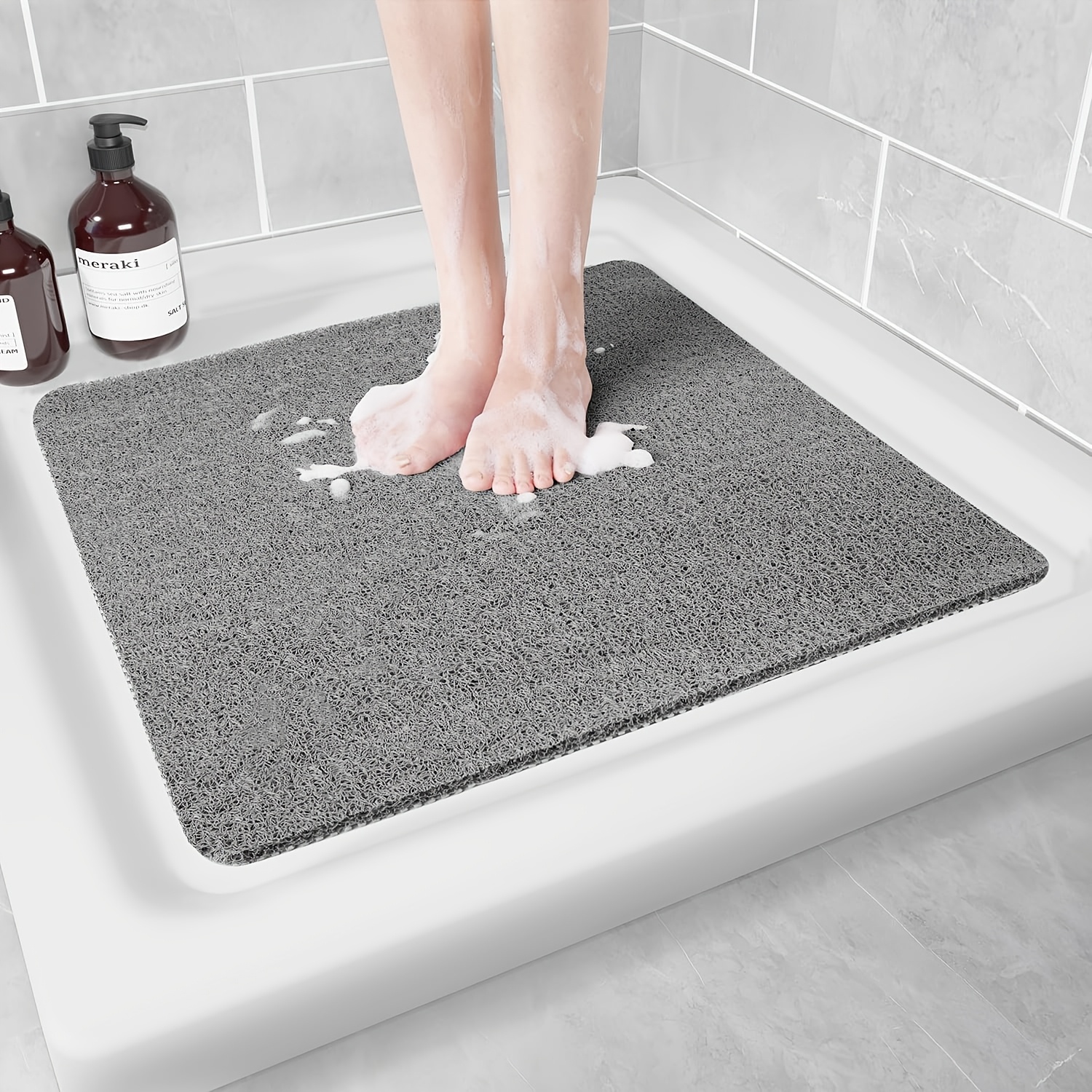 TEMU Soft Textured Bathroom Bath Mat, Shower And Bathtub Mat, Non-slip Comfortable Bathtub Mat With Drainage Tube, Suitable For , Quick Drying