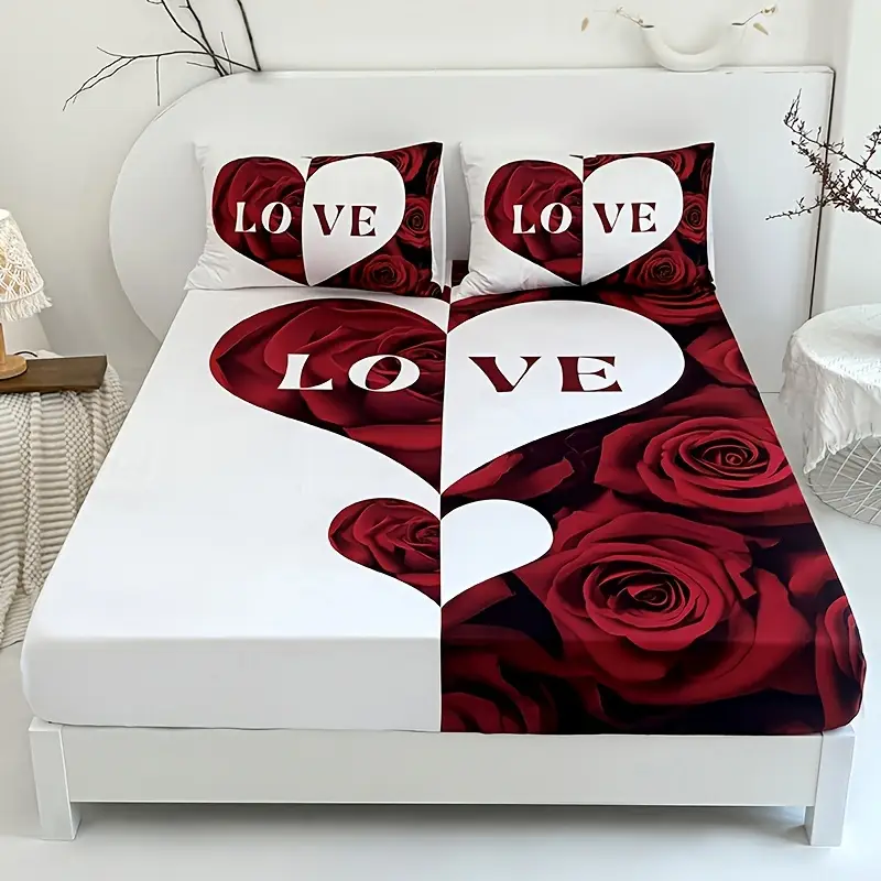 3pcs red and heart bed sheet 1pc bed sheet 2pcs pillowcase no filling deep pocket in 15 inch machine washable hypoallergenic high quality mattress protector bedroom high definition printing room decor couple gifts Product details 0