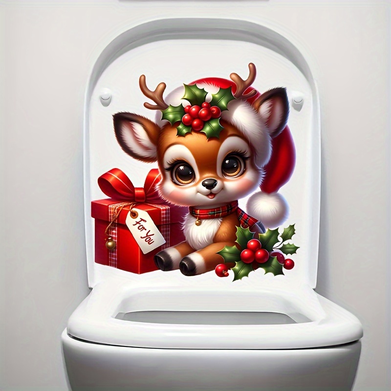 

Christmas Print Toilet Lid Decal - 1pc Self-adhesive Ceramic Surface Sticker, & Tear For Bathroom Decoration, Semi- Single-use Embellished Toilet Seat Cover