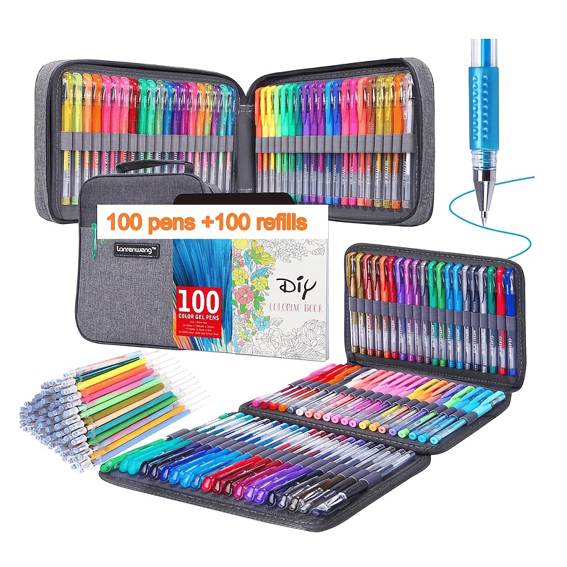 Image of [colorful Gel Pen Set] 200 Colorful Gel Pen Set | 100 Gel Pens + 100 Replacement Refills + Portable Bag + 1 Drawing Book - Flash, Metallic, Neon Colors For Painting, Coloring, Writing