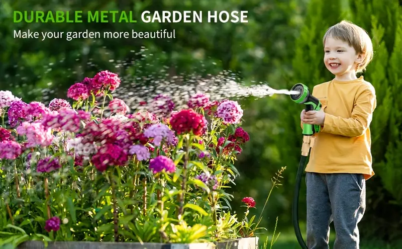 heavy duty 100ft garden hose with 10 spray patterns thumb control lead free ultra lightweight design flexible rubber construction solid copper anodized aluminum connectors all purpose for lawn car wash farm pets compatible with standard us faucets lawn care ergonomic handle connectors Product details 3