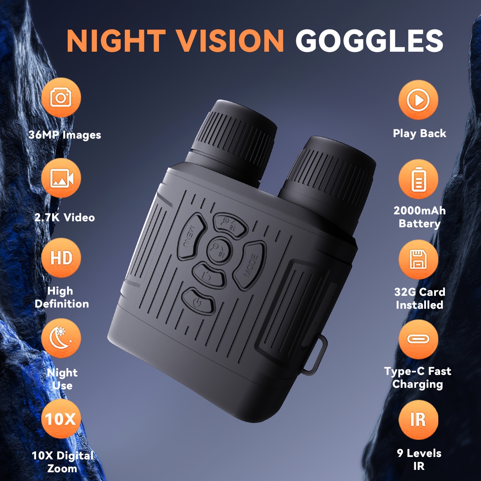 2 7k for adult infrared night binoculars 3 0 inch large screen 5 zoom 32g card for saving photos and videos for camping hunting and safety details 0