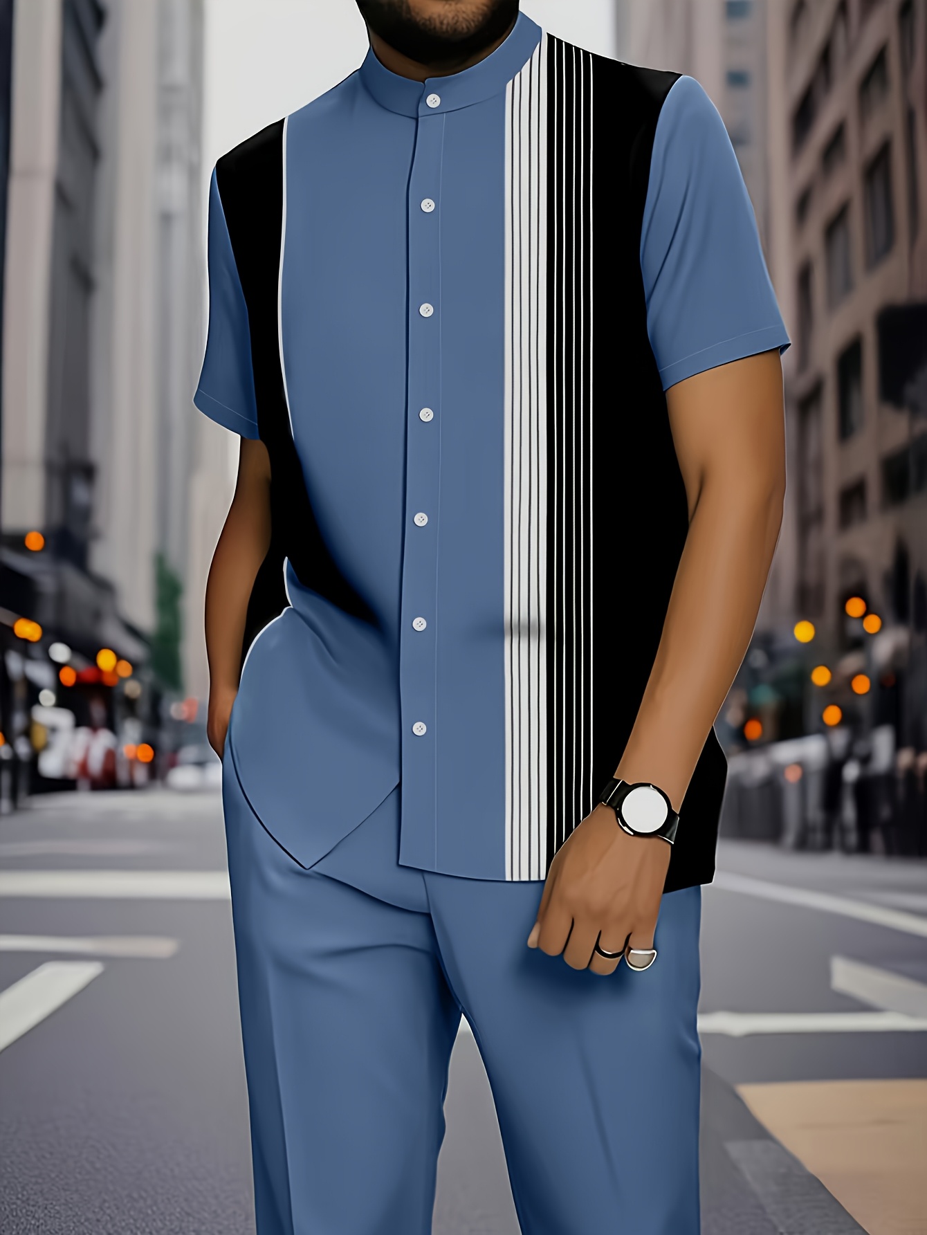 European and American Men's fashion stripe pattern print design button- short-sleeved shirt top and casual trousers matching suit, fashionable street street, seaside casual vacation short-sleeved shirt set