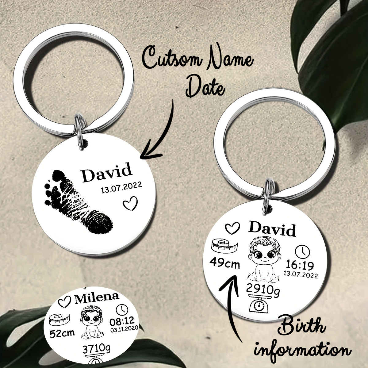 Customized Keychains with Engraved Date, Name, and Footprint